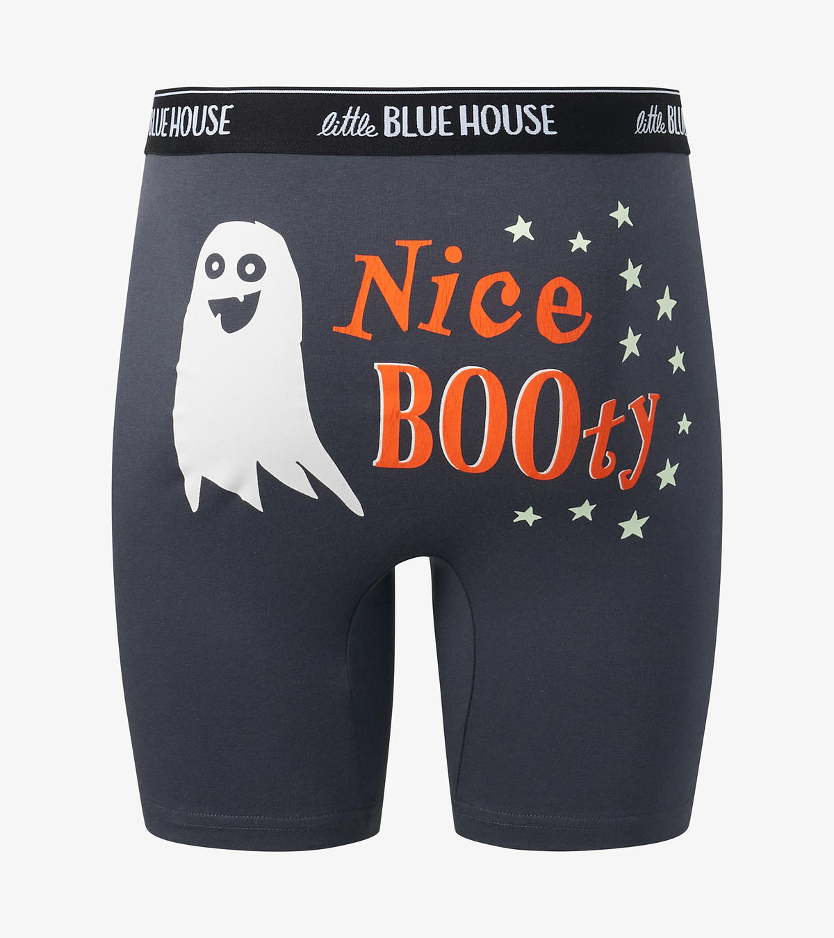 Close-up of slate blue boxer briefs with ghost and orange Nice BOOty graphic on the back