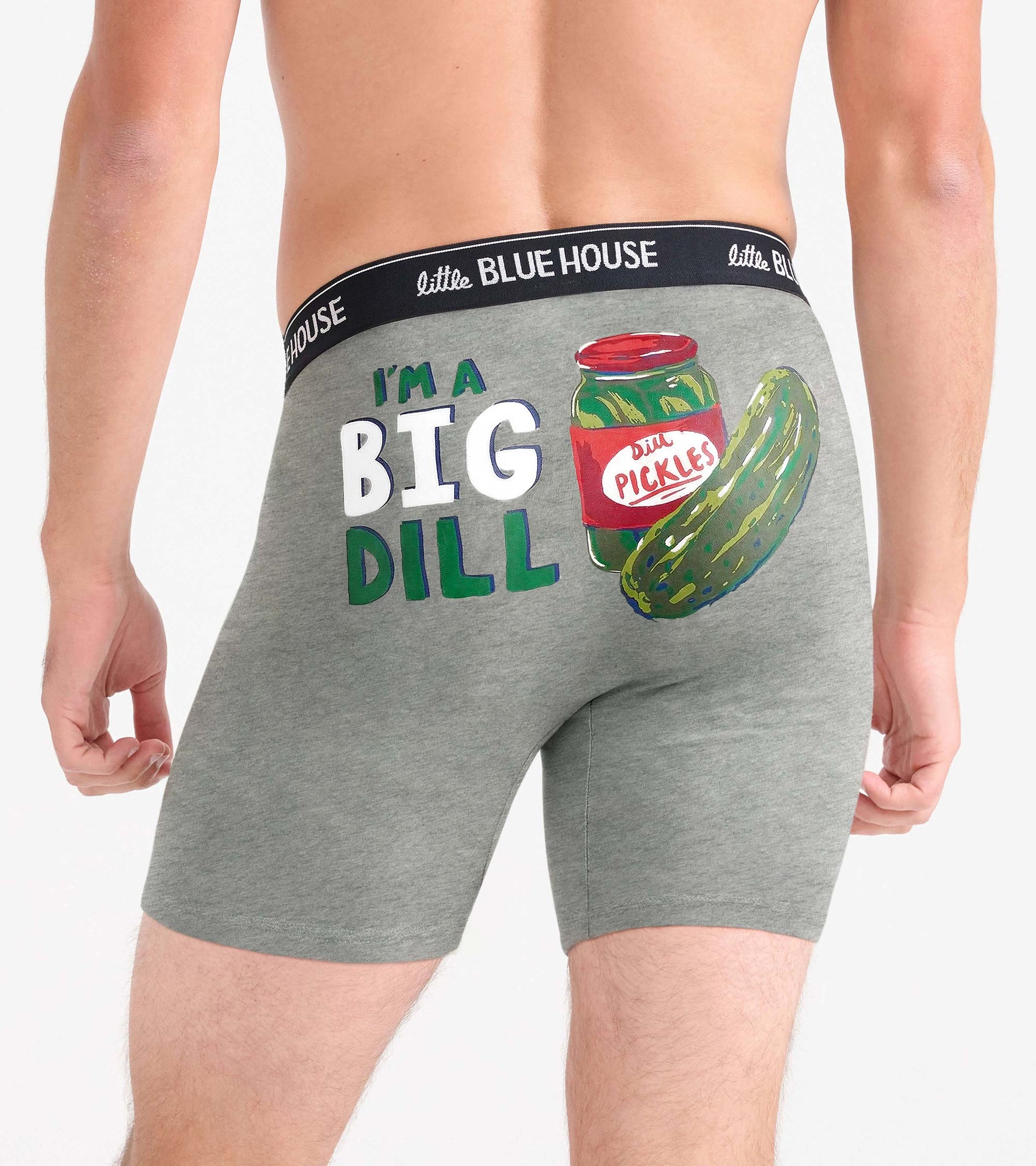 Back view of gray boxer briefs with black waistband and “I’m a Big Dill” pickle graphic print