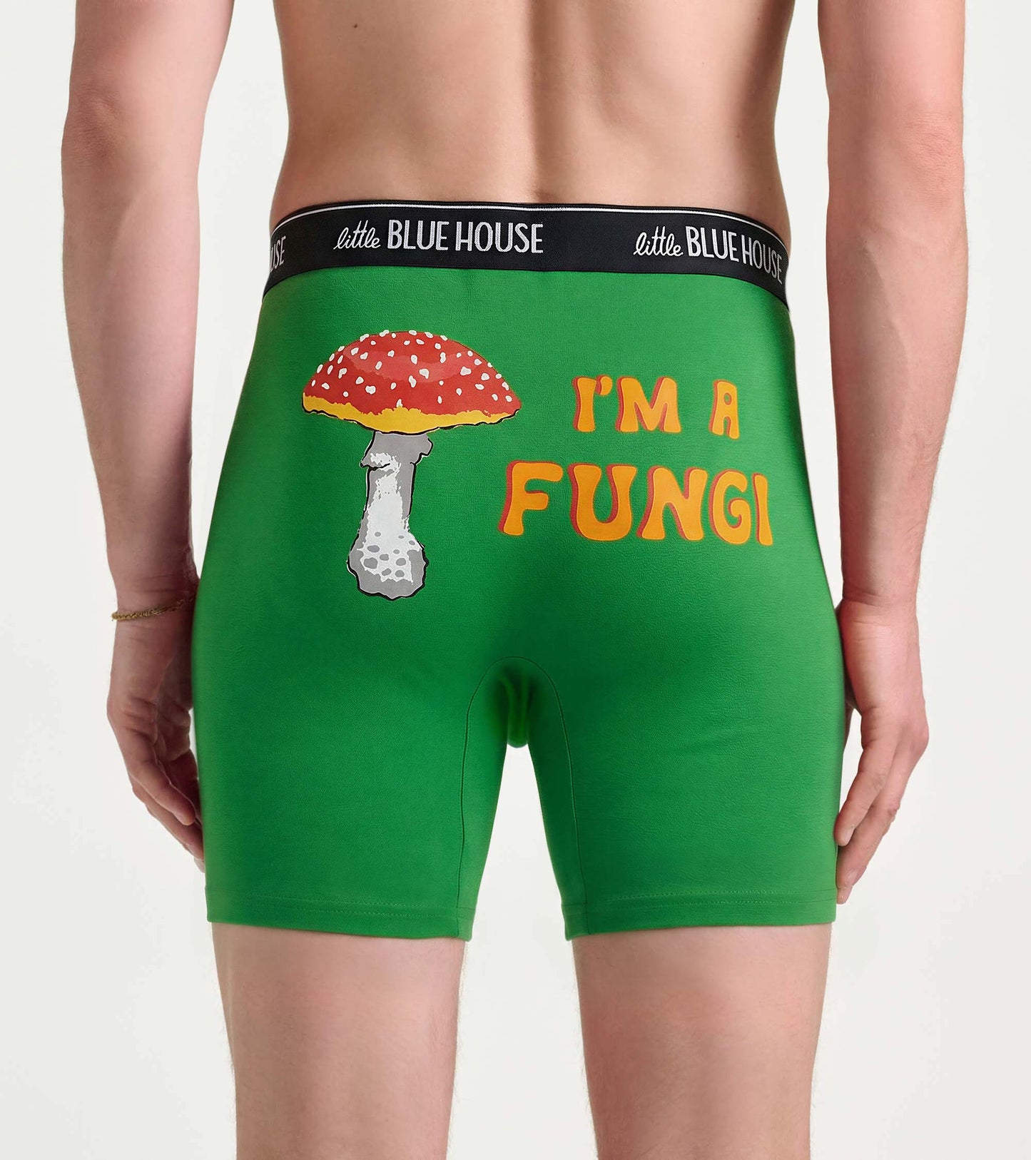 Green boxer briefs with mushroom graphic and "I'M A FUNGI" text, back view