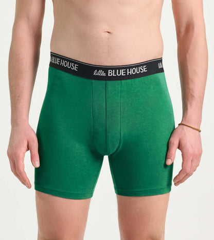Green men’s boxer briefs with black logo waistband, front view, fitted stretch fabric.