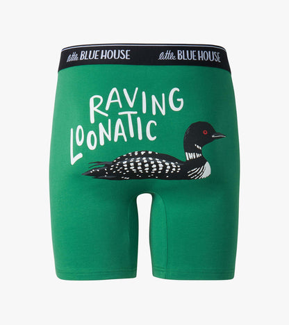 Green boxer briefs with black waistband and loon graphic, front view
