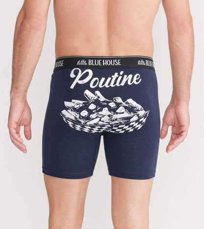 Back view of navy boxer briefs with large white poutine graphic and Poutine text