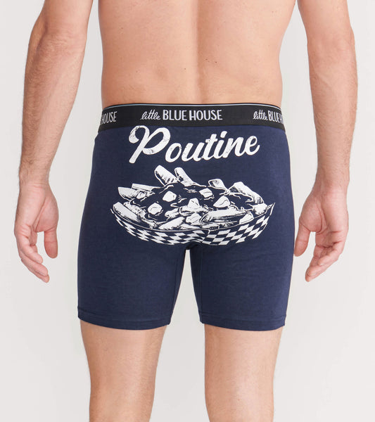 Navy boxer briefs with a black logo waistband and white poutine graphic on the front