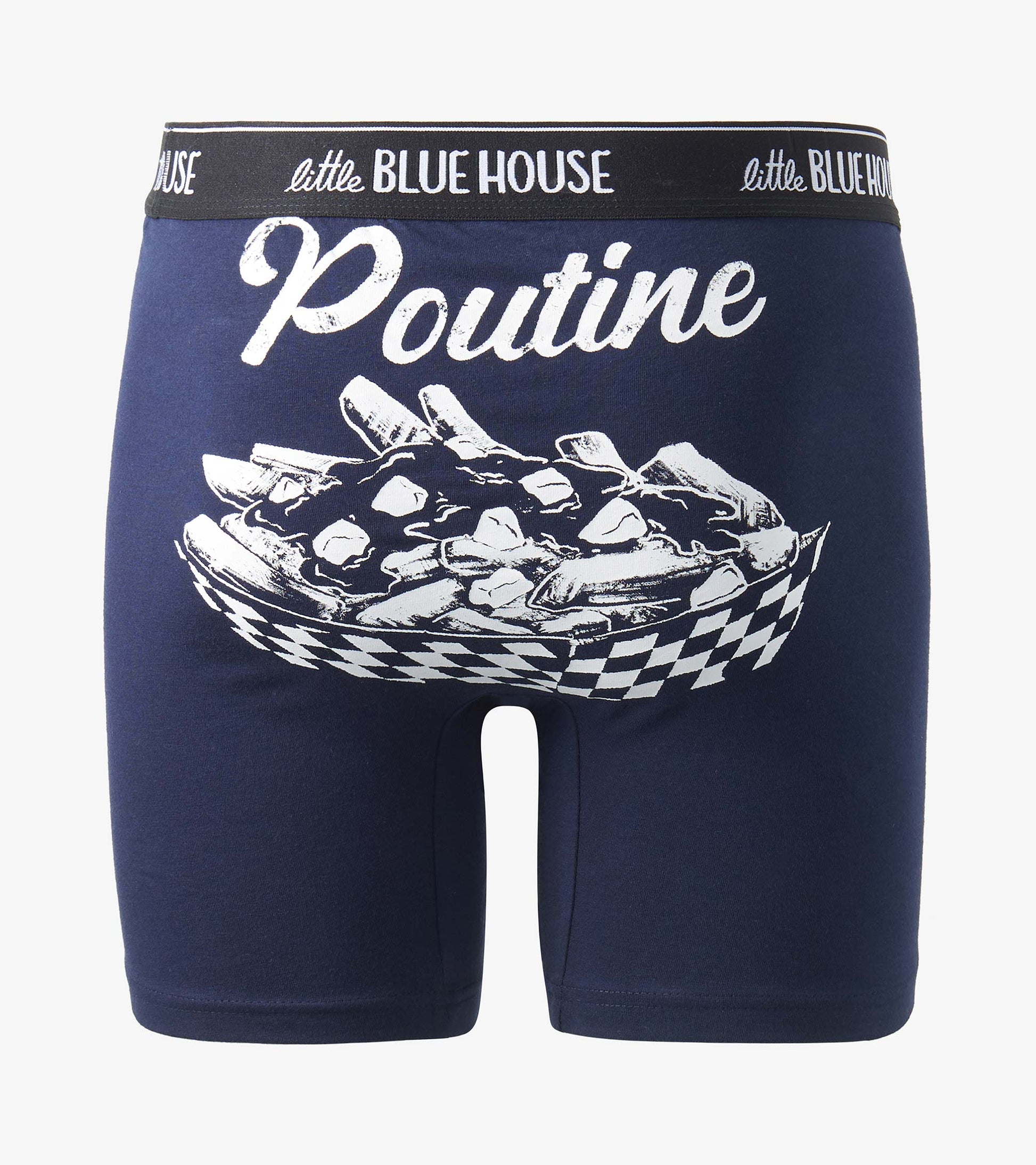 Close-up of navy boxer briefs with white poutine graphic and Poutine text on the back