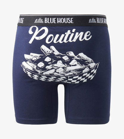 Close-up of navy boxer briefs with white poutine graphic and Poutine text on the back