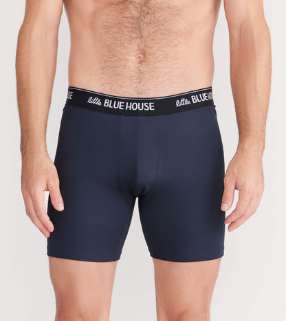 Front view of plain navy boxer briefs with black logo waistband