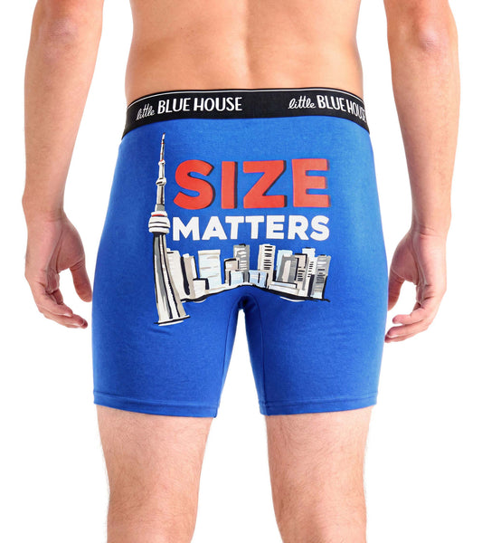 Blue men's boxer briefs with Toronto skyline, CN Tower, and 'SIZE MATTERS' graphic on front