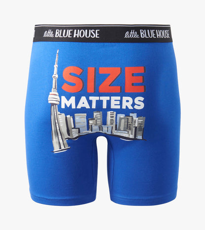 Blue boxer briefs with black logo waistband and Toronto skyline graphic on back