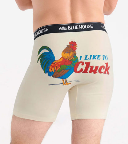 Cream boxer briefs with black waistband and colorful rooster graphic with text "I Like to Cluck