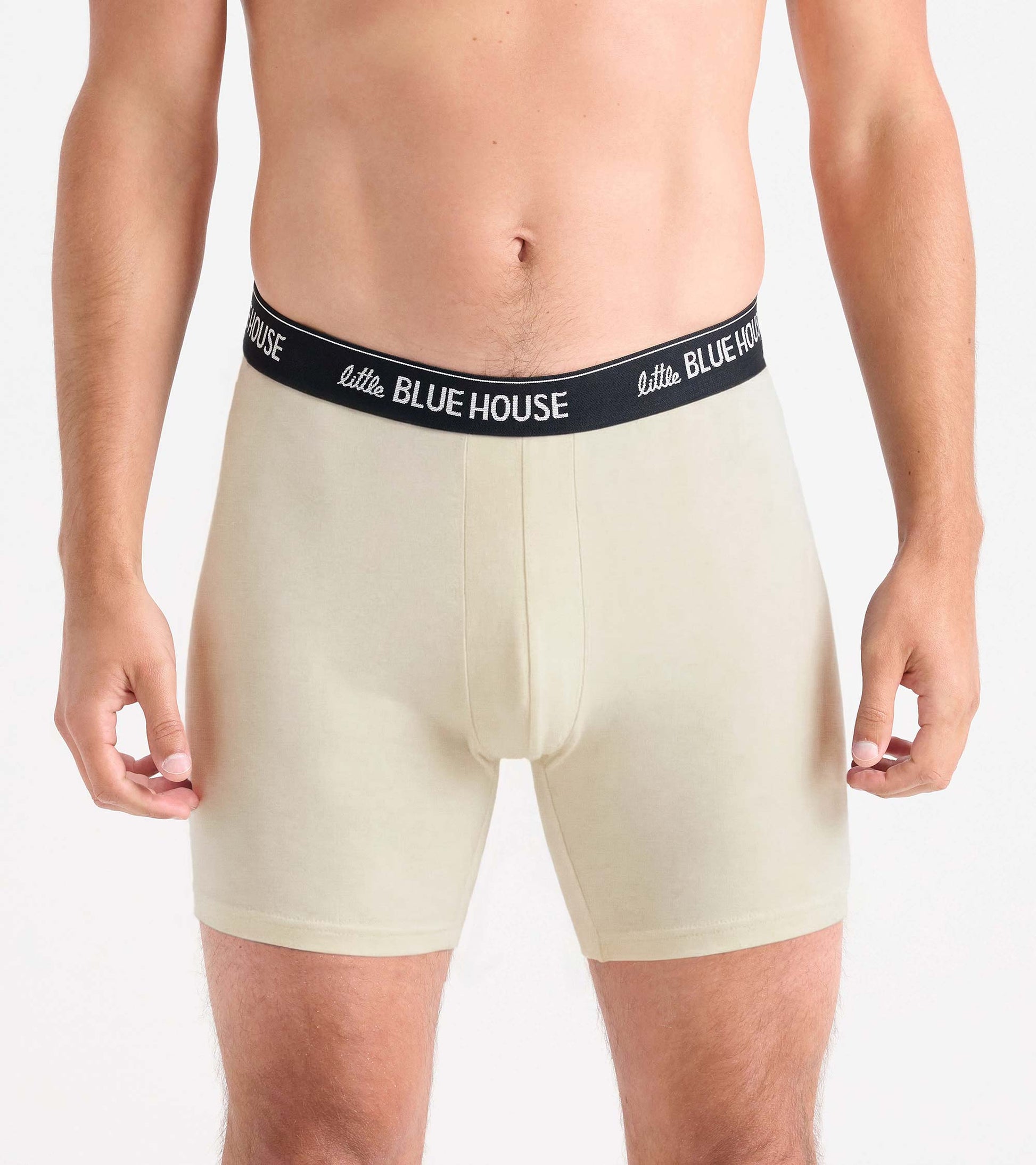 Men's beige boxer briefs with black logo waistband, front view