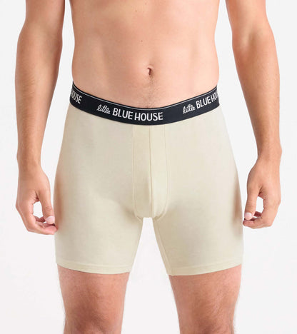 Men's beige boxer briefs with black logo waistband, front view