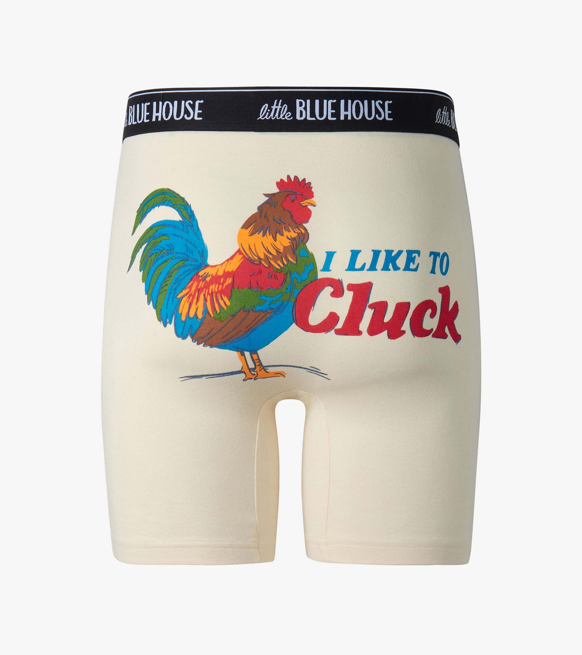 Men’s cream boxer briefs with black waistband and colorful rooster graphic with “I Like to Cluck” text, front view