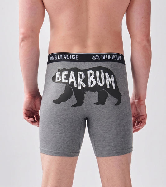 Back view of charcoal boxer briefs with a black bear graphic and 'BEAR BUM' text, plus logo waistband