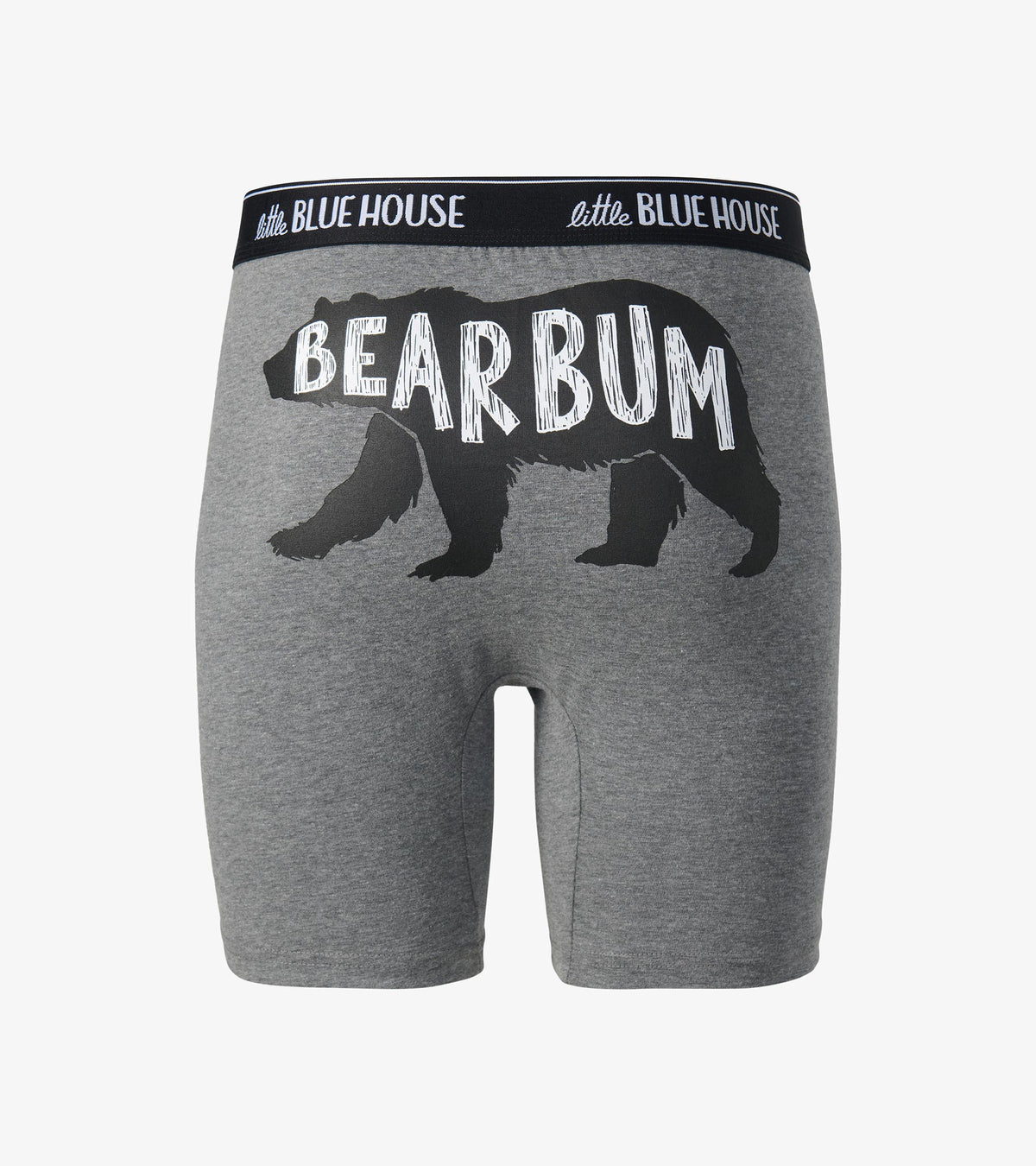 Charcoal boxer briefs with black bear silhouette and large 'BEAR BUM' text on the back