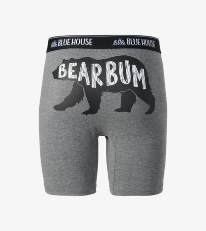 Charcoal boxer briefs with black bear silhouette and large 'BEAR BUM' text on the back