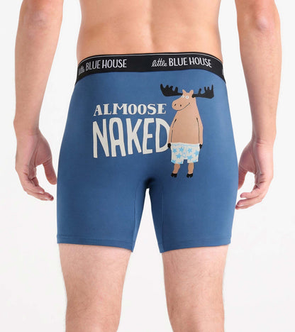 Back view of blue boxer briefs with black logo waistband and moose graphic print