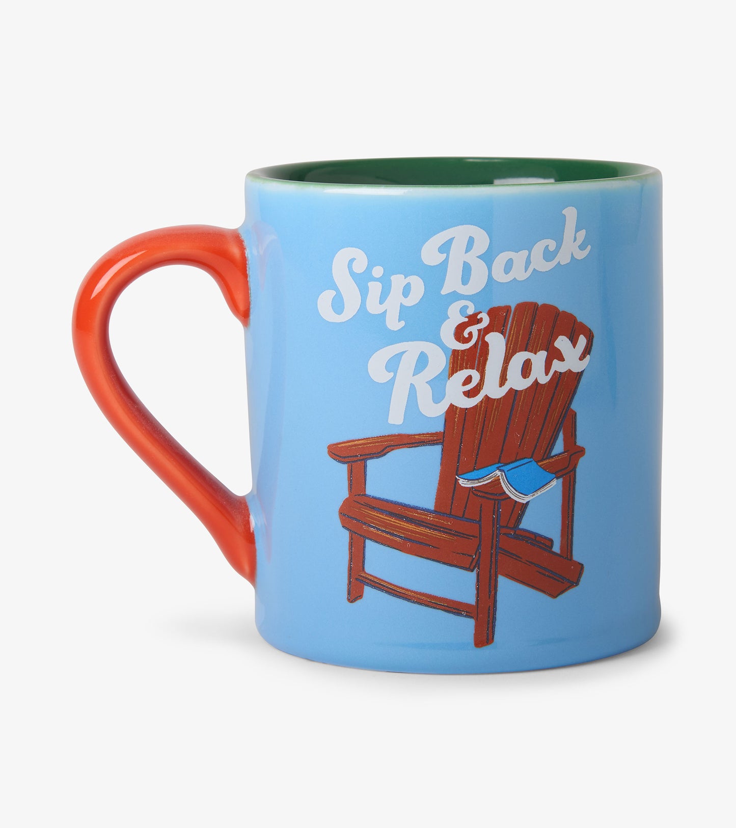 Blue ceramic mug with red handle, green rim, and “Sip Back & Relax” chair graphic on front