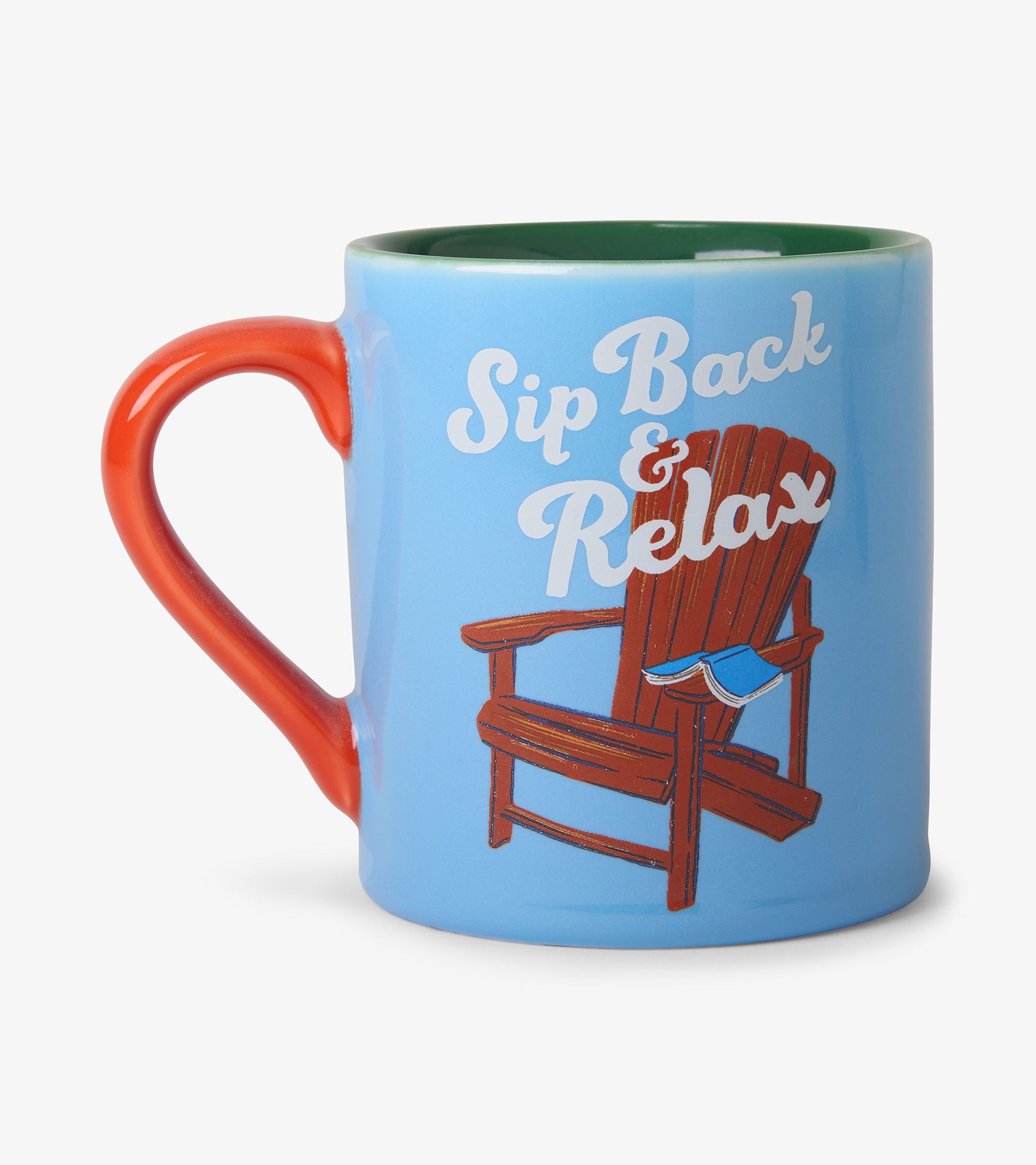 Blue ceramic mug with red handle, green rim, and “Sip Back & Relax” chair graphic on front