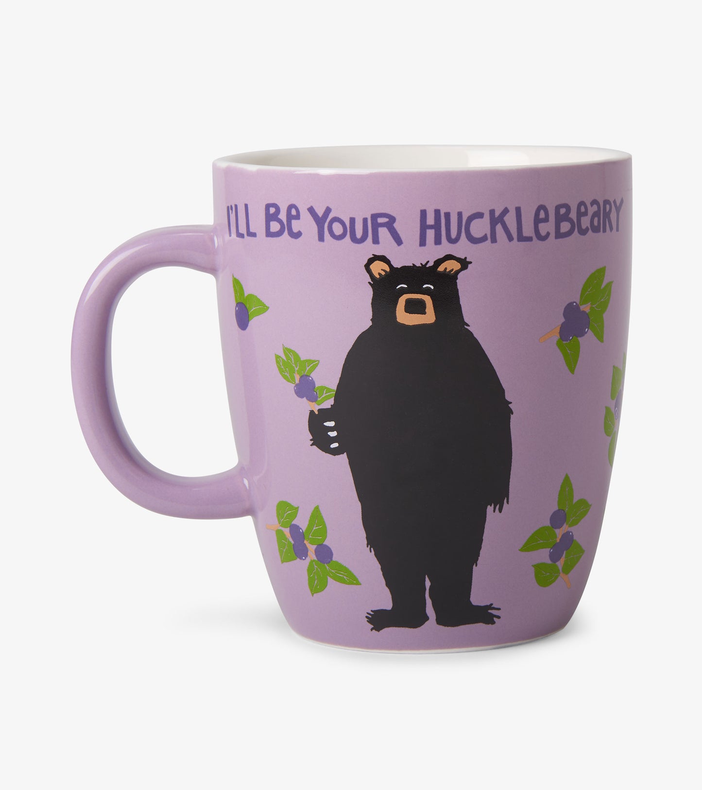 Lavender ceramic mug with handle, black bear and blueberry design, and “I’ll Be Your Hucklebeary” text