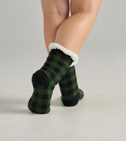 Chaussettes de chalet épaisses doublées en sherpa pour femme – Tartan vert forêt