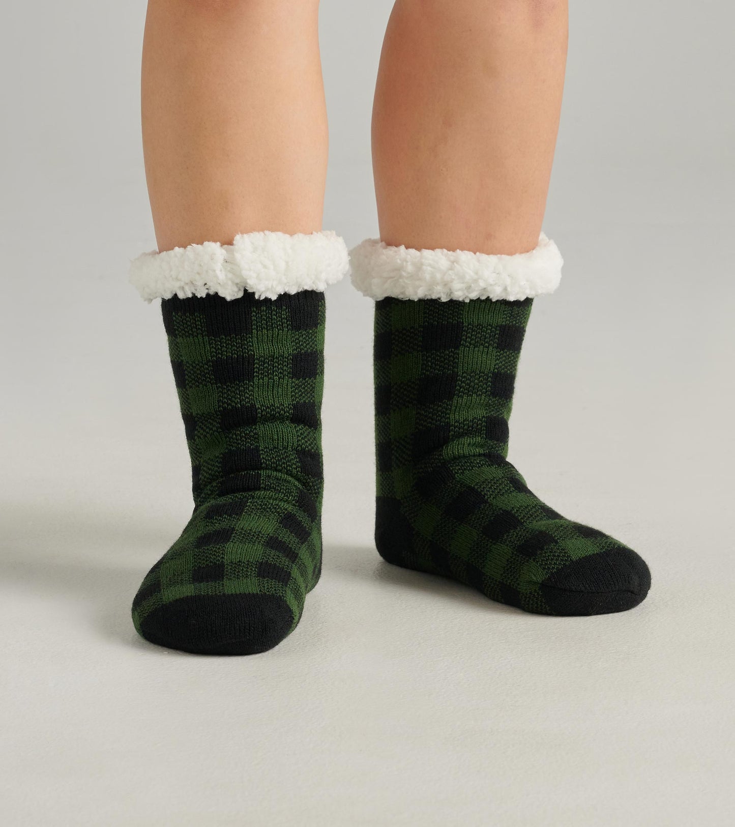 Chaussettes de chalet épaisses doublées en sherpa pour femme – Tartan vert forêt