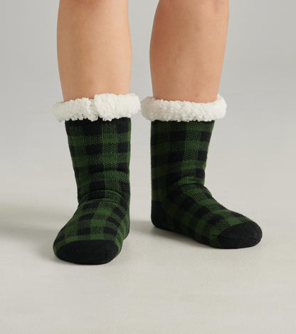 Chaussettes de chalet épaisses doublées en sherpa pour femme – Tartan vert forêt