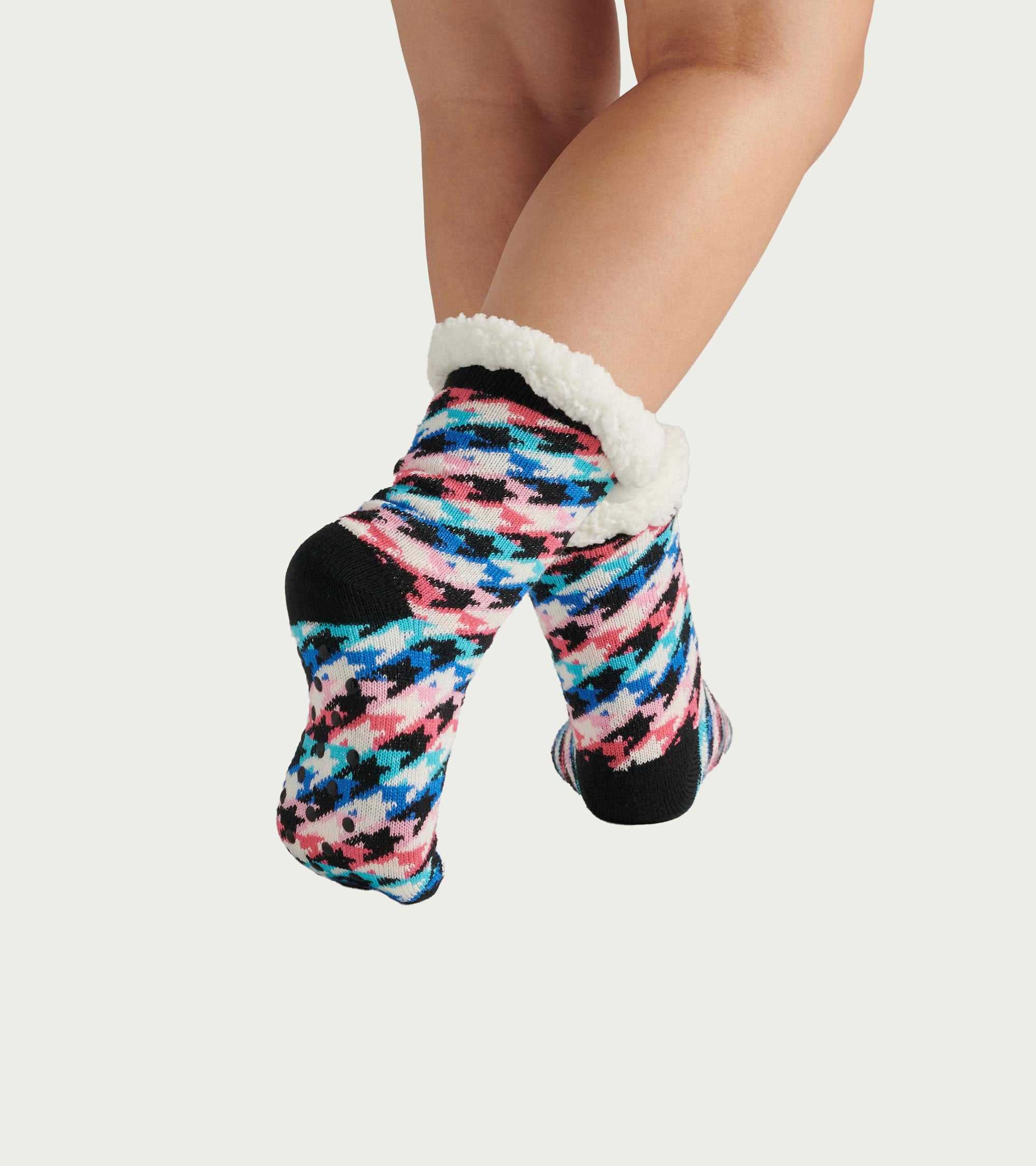 Chaussettes de chalet épaisses doublées en sherpa pour femme – Pied-de-poule arc-en-ciel