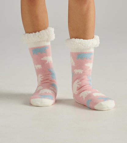 Chaussettes de chalet épaisses doublées en sherpa pour femme – Ours polaires sur fond rose
