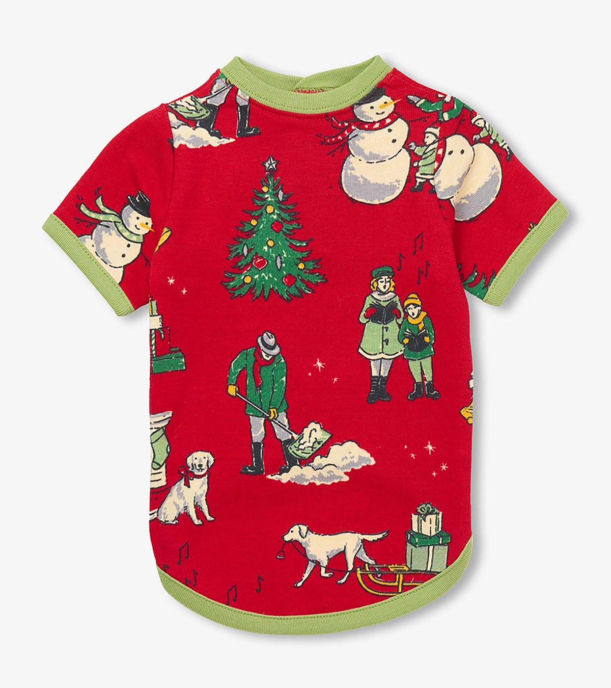Front of red dog pajama with green trim and vintage Christmas print with snowmen, tree, carolers and dog with sled