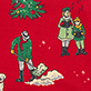 Two people in festive costumes with a white dog on a red background with snowflakes