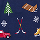 Red pickup truck with Christmas tree, crossed skis, ice skates, and white snowflakes on a navy background