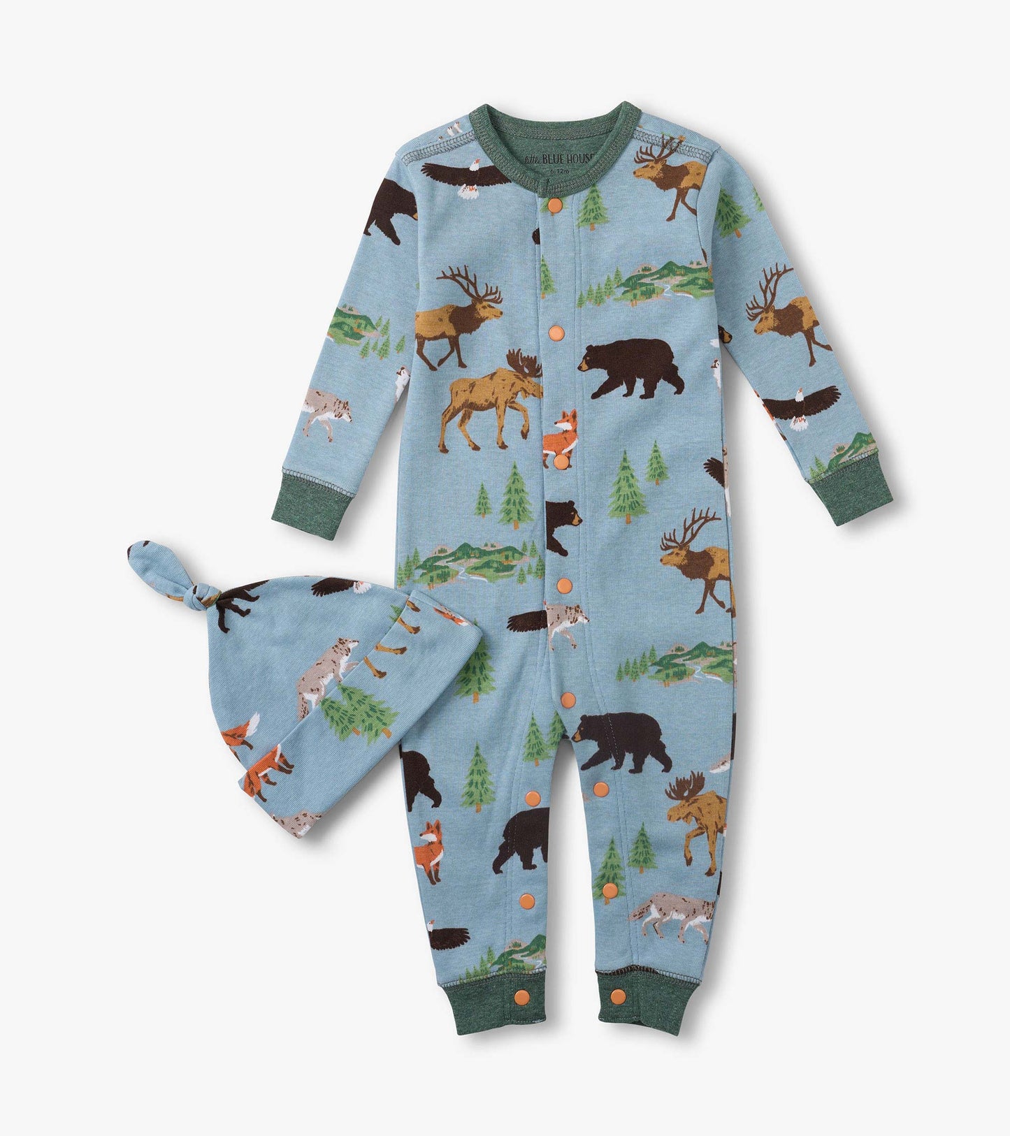 Light blue baby sleeper with forest animal print and matching hat, shown front view on white background