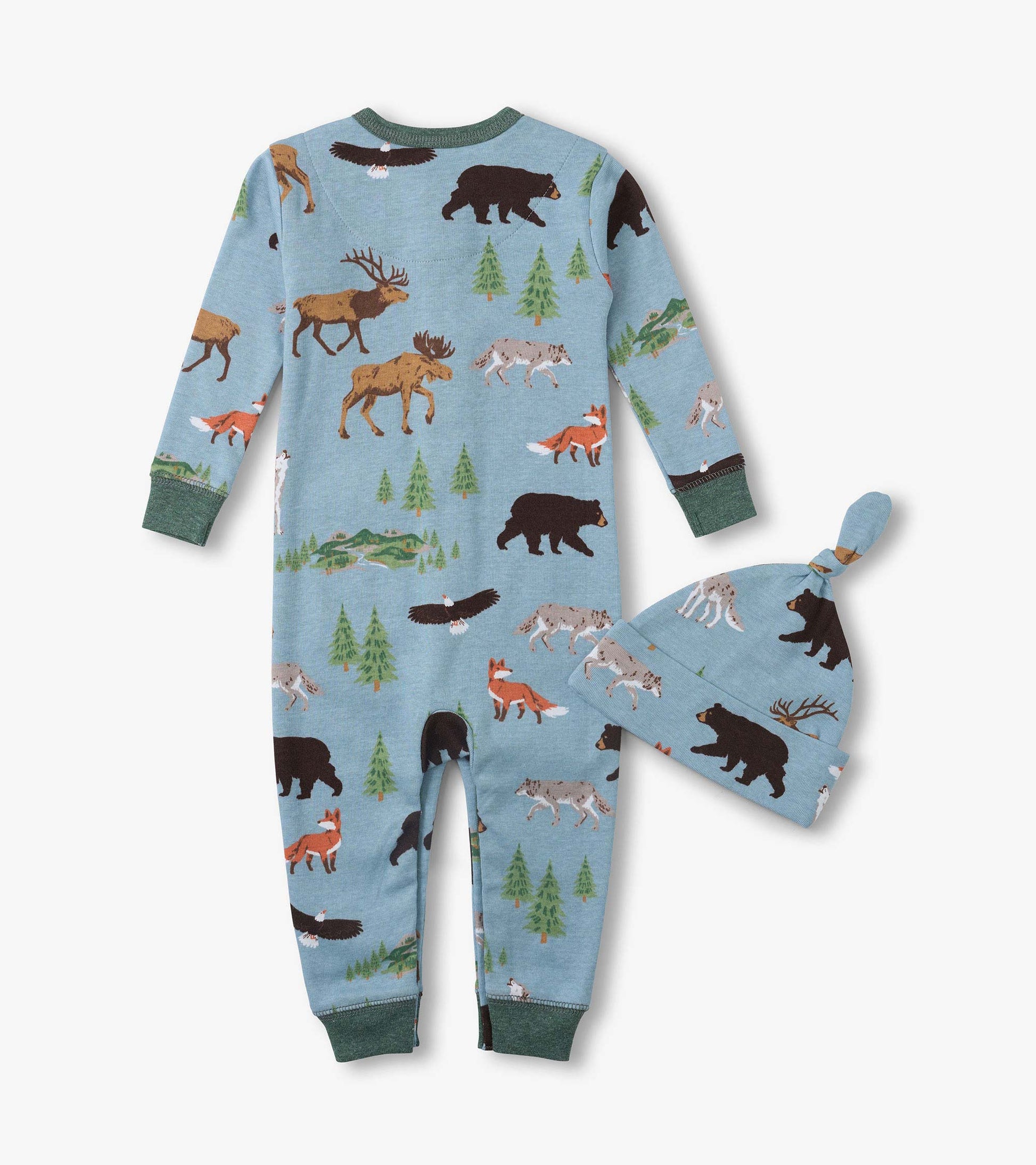 Light blue baby sleeper and matching hat with forest animal print and green trim, front view