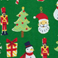 Holiday icons including a nutcracker, Christmas trees, Santa face, gift boxes, and a snowman on a green background