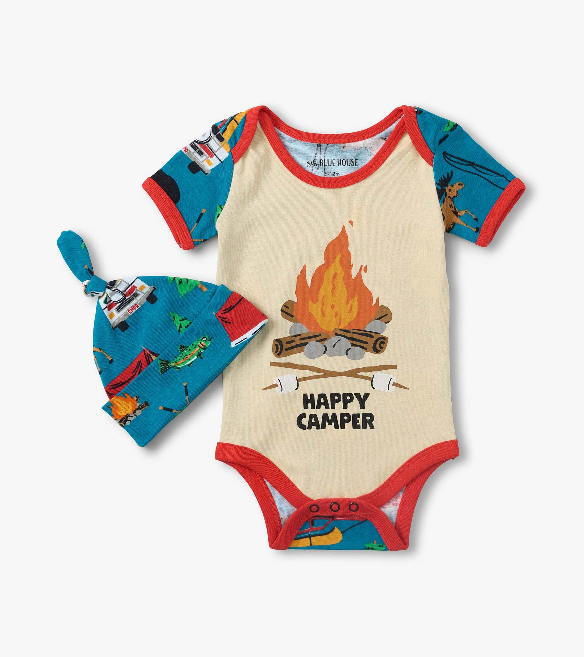 Baby cream short-sleeve bodysuit with red trim, blue camping-print sleeves, and matching knotted hat, front view