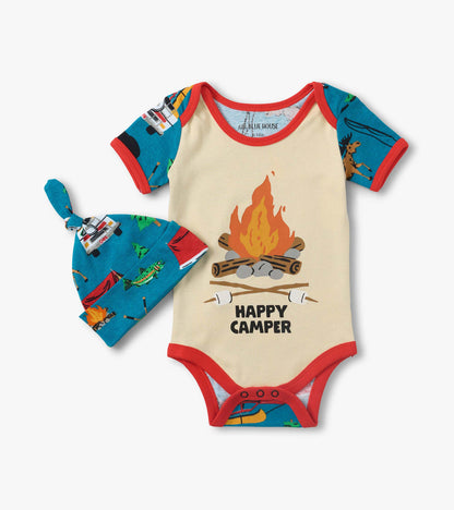 Baby cream short-sleeve bodysuit with red trim, blue camping-print sleeves, and matching knotted hat, front view