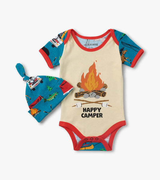 Baby cream short-sleeve bodysuit with red trim, blue camping-print sleeves, and matching knotted hat, front view