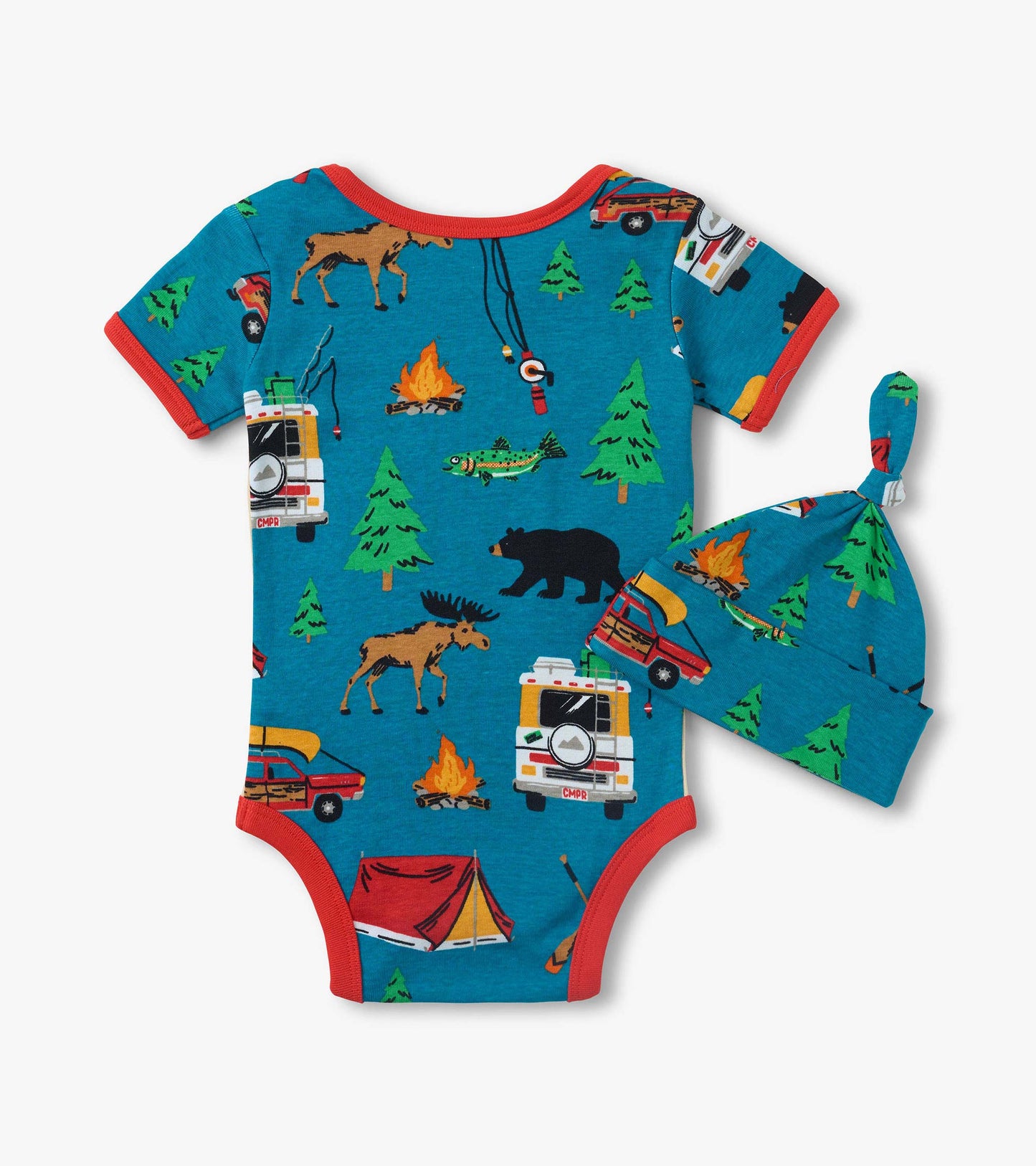 Blue baby bodysuit with red trim and camping print, shown with matching knotted hat.