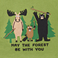 View May The Forest Be With You Baby Bodysuit & Hat - Cartoon moose, fox, rabbit, and bear in green trees with text "MAY THE FOREST BE WITH YOU