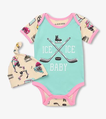 Cache-couche et bonnet pour bébé – Soirée de hockey « Ice Ice Baby », rose