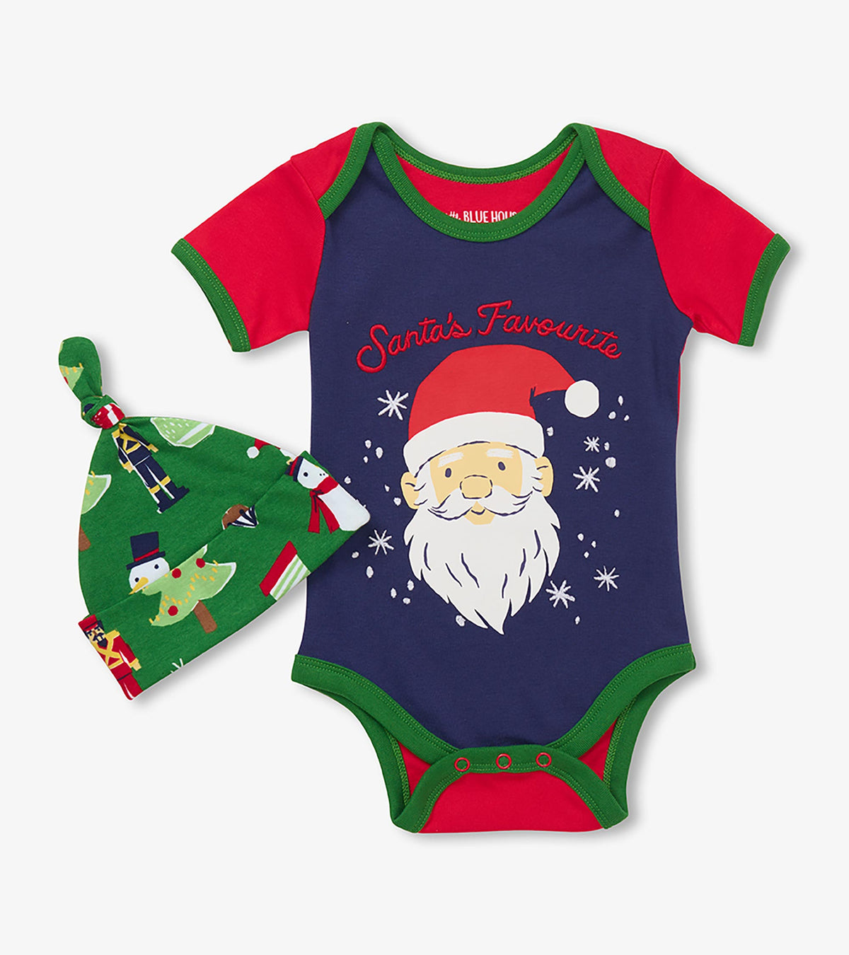 Front of baby bodysuit and hat set with Santa's Favourite graphic, red sleeves, green trim, and green holiday print hat