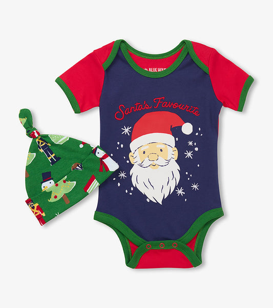 Front of baby bodysuit and hat set with Santa's Favourite graphic, red sleeves, green trim, and green holiday print hat
