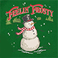 Snowman in a Santa hat and red scarf on a green background with "Merry Frosty" text