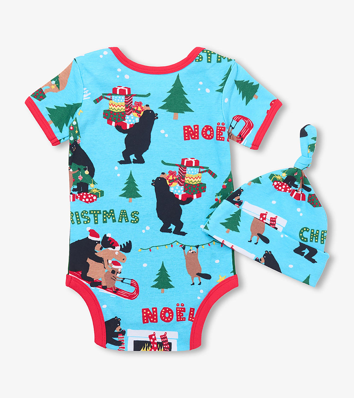 Back of baby bodysuit and knot hat in blue with red trim and allover bears, moose, beaver, and tree print