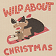 Cartoon dachshund in a Santa hat peeking from a red stocking, with text 'WILD ABOUT CHRISTMAS