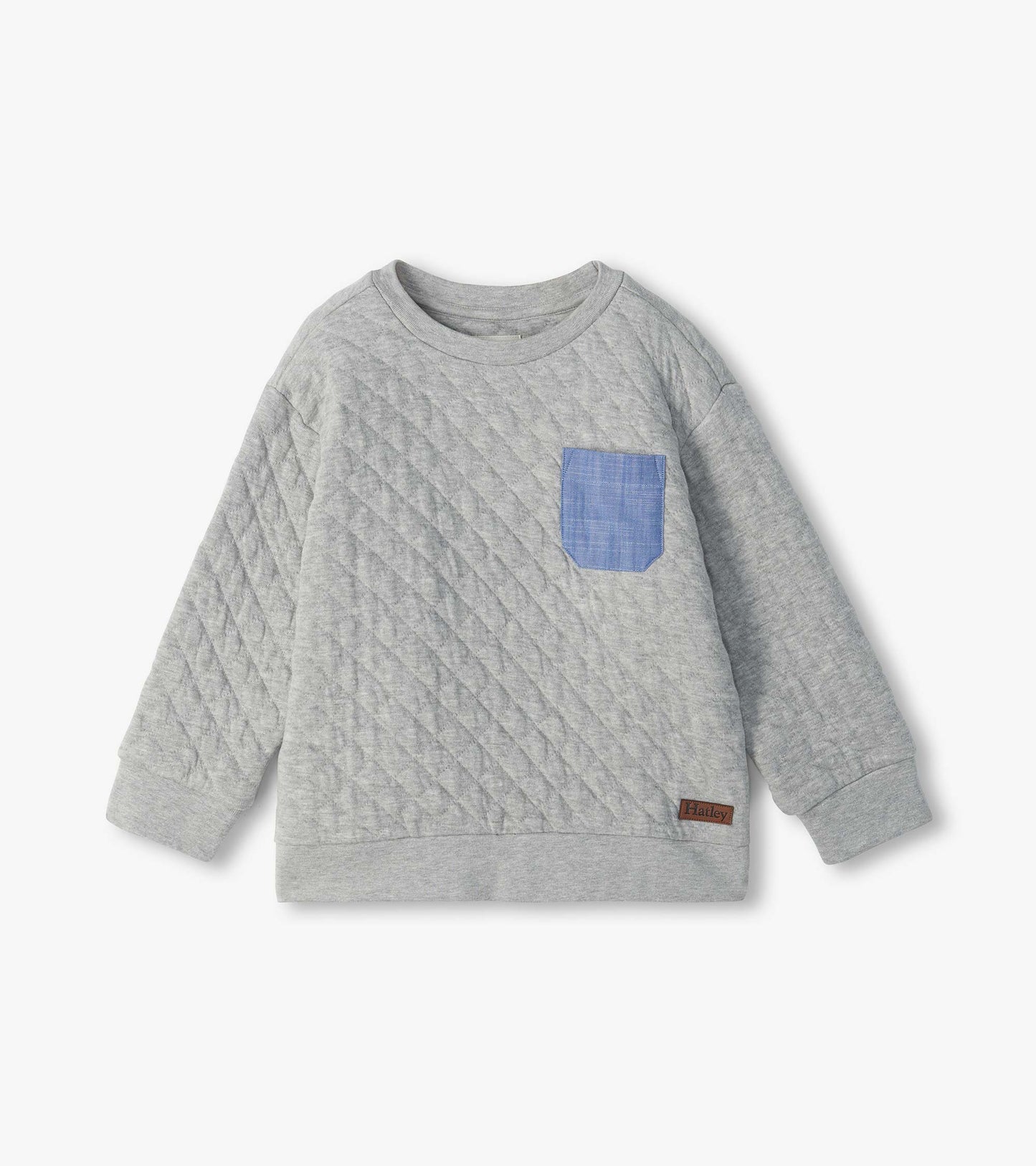 Grey quilted pullover with long sleeves, ribbed trim, and blue chest pocket, front view