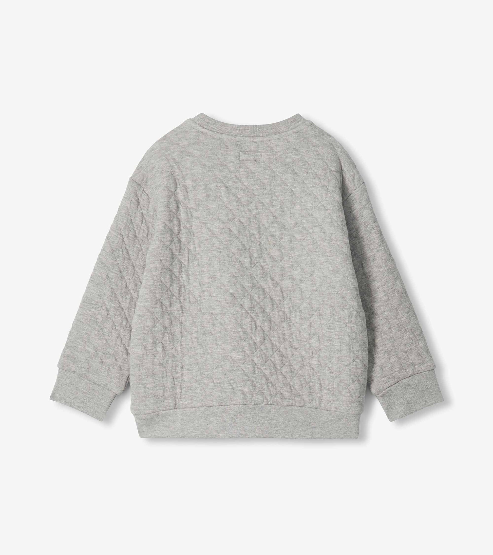 Back view of boys athletic grey quilted pullover with long sleeves and ribbed hem