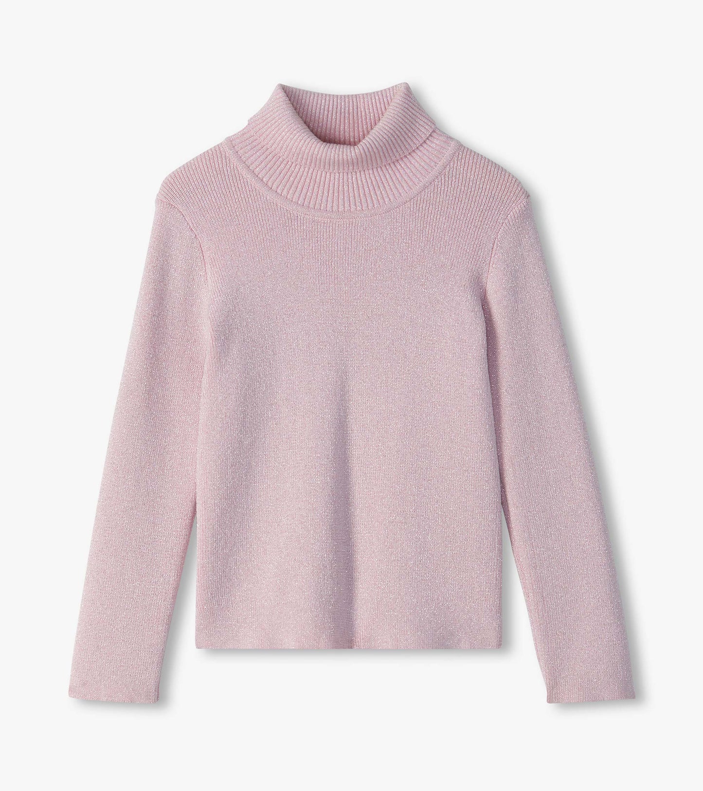 Light pink glitter turtleneck sweater with long sleeves, shown from the front