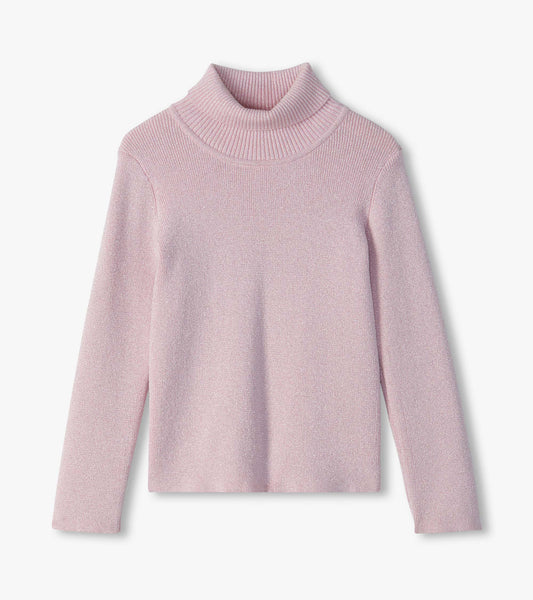 Light pink glitter turtleneck sweater with long sleeves, shown from the front