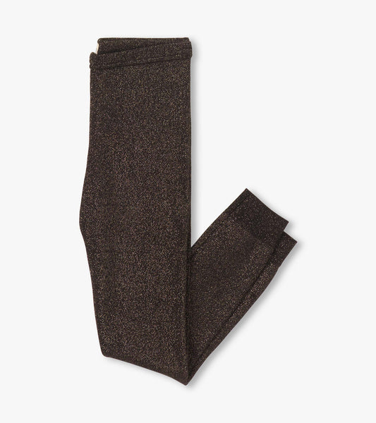 Black glitter leggings with a stretchy fit, suitable for girls, showcasing a shimmering texture.